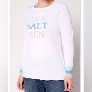New Belle by Kim Gravel Sea Salt Sun Striped Cuff Sweater White Size 1X